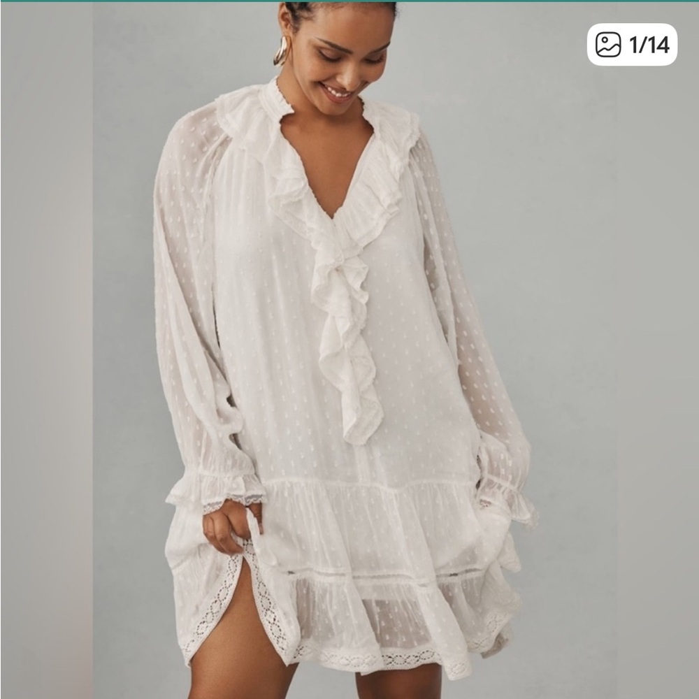 Anthropologie Cream Ruffled Tie Front Mini Dress